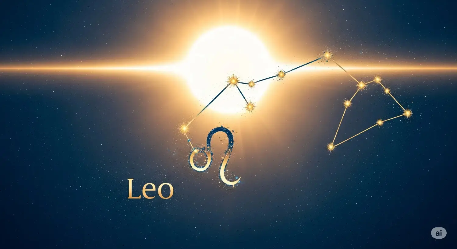 A celestial horoscope-themed graphic showing Leo constellation with the Sun in the background - dreamy, spiritual, glowing in deep blue and gold hues